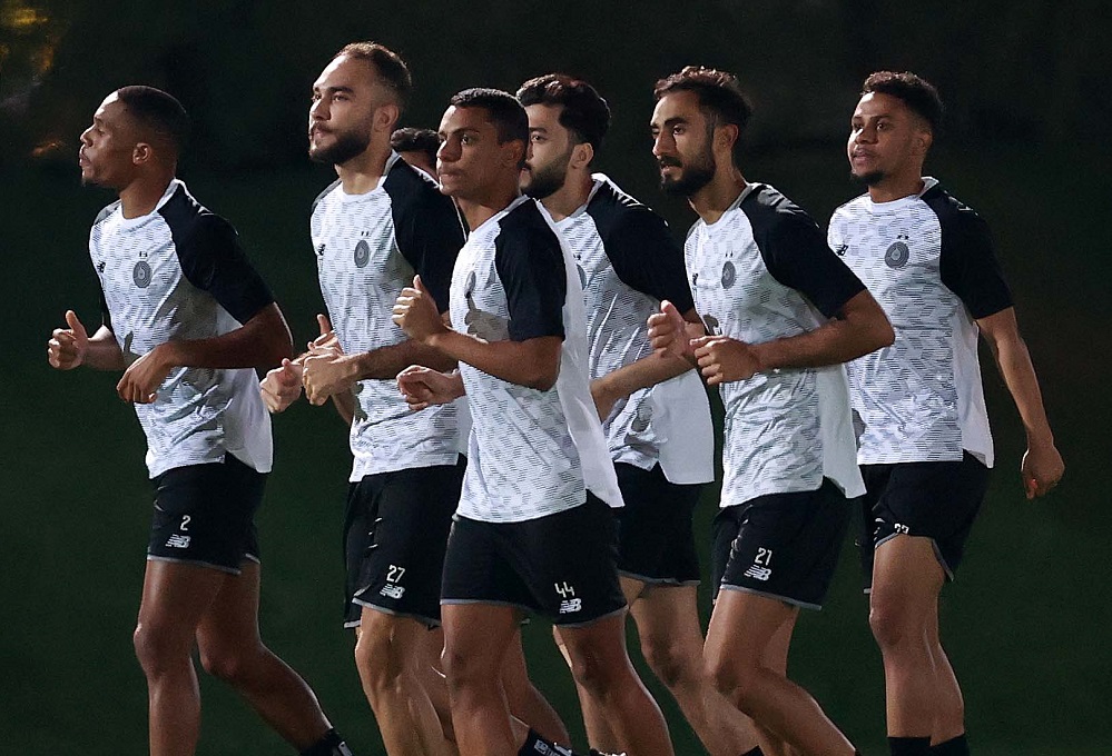 Al Sadd players attend a training session ahead of Al Rayyan game.