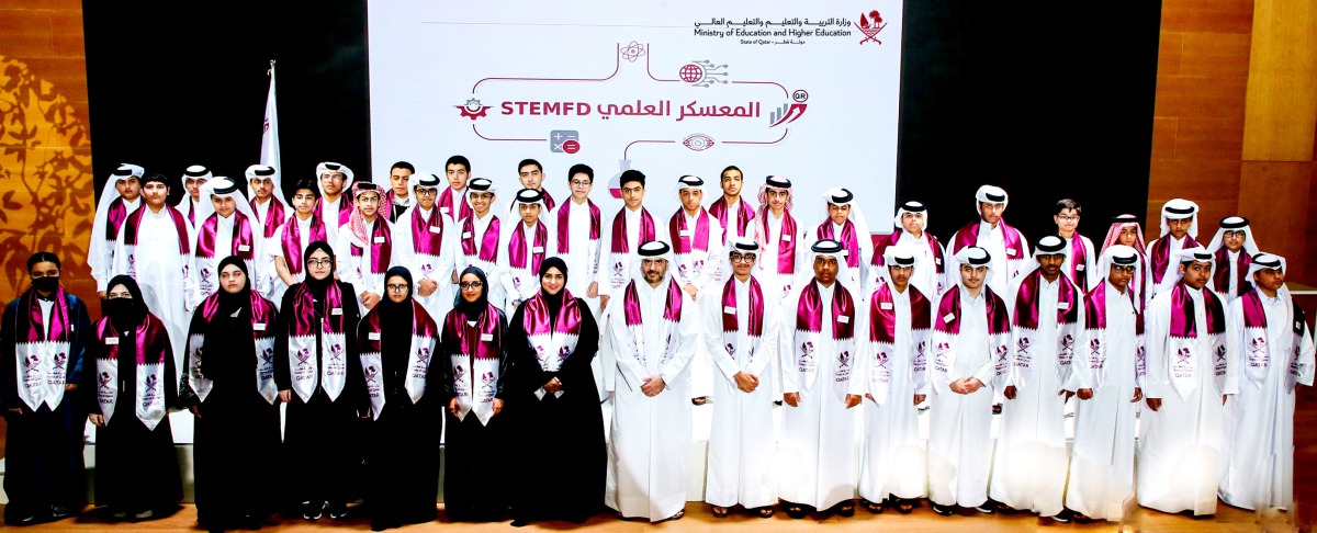 Assistant Undersecretary for Private Education Affairs Omar Al Nama and Assistant Undersecretary for Educational Affairs Maha Al Ruwaili with students at an introductory meeting at MoEHE yesterday.