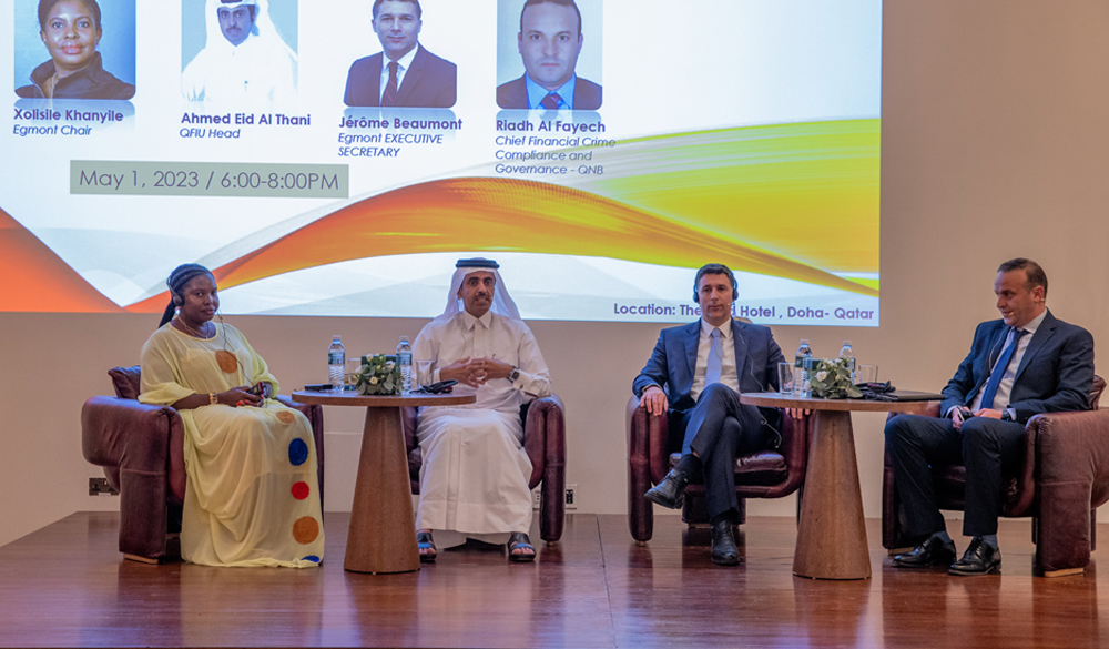 Head of Qatar Financial Information Unit, Sheikh Ahmed Al Thani (second left); Chair of the Egmont Group of Financial Intelligence Units and Director of the Financial Intelligence Centre of South Africa, Xolisile Khanyile (left); Executive Secretary of the Egmont Group, Jerome Beaumont (second right); and Chief Financial Crime Compliance and Governance at QNB, Riadh Al Fayech during the panel discussion.