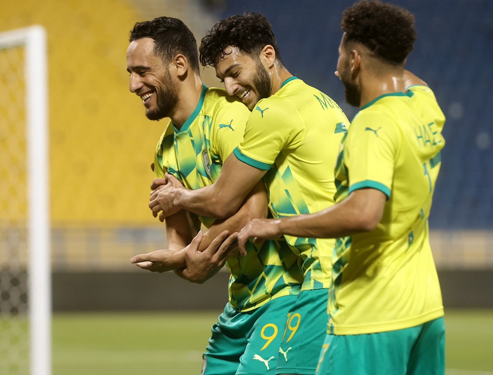 Al Wakrah’s Mohamed Benyettou (left) celebrates with teammates after scoring a goal against Al Rayyan.  