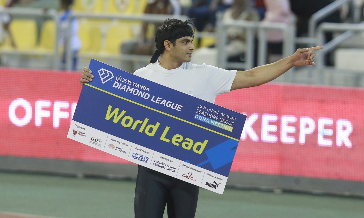 India's Neeraj Chopra celebrates after winning the javelin throw event at the Doha Diamond League, yesterday. Pictures. Rajan Vadakkemuriyil 