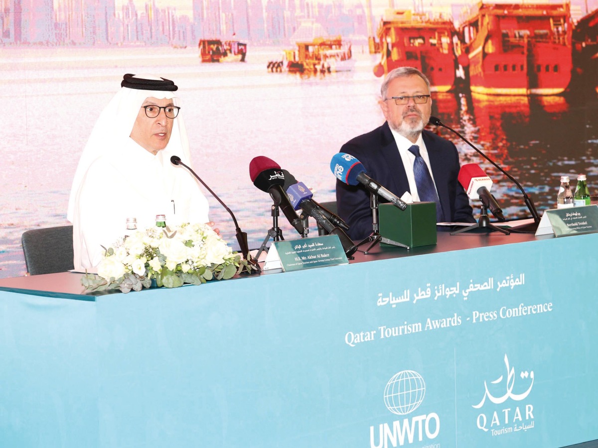 Chairman of Qatar Tourism and Qatar Airways Group Chief Executive, H E Akbar Al Baker (left), and Qatar Tourism Chief Operating Officer, Berthold Trenkel during the Qatar Tourism Awards press conference held yesterday at The Ned Doha.