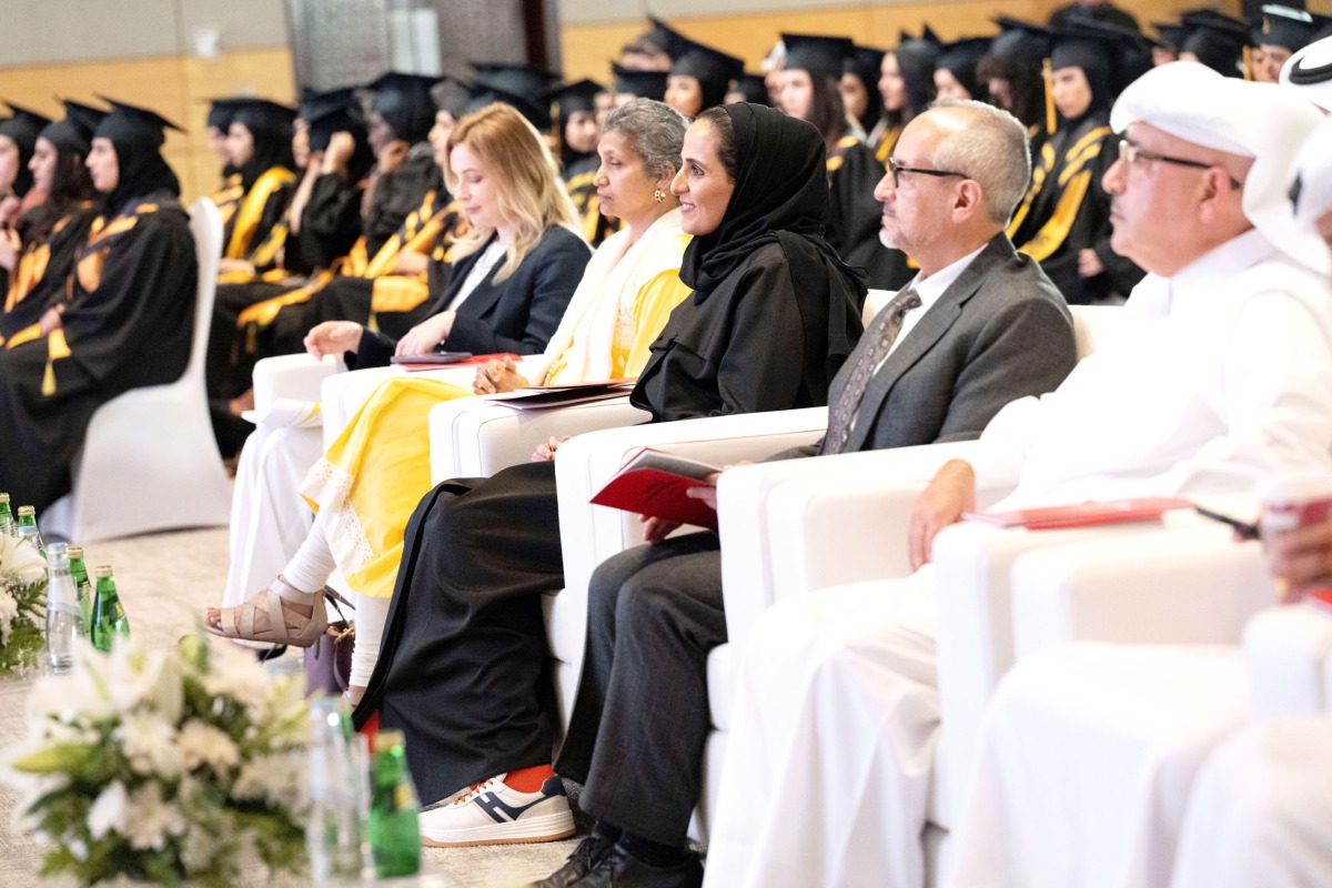 Qatar Museums Chairperson H E Sheikha Al Mayassa bint Hamad bin Khalifa Al Thani (third right) and other dignitaries and faculty attending VCUarts Qatar commencement ceremony 2023.