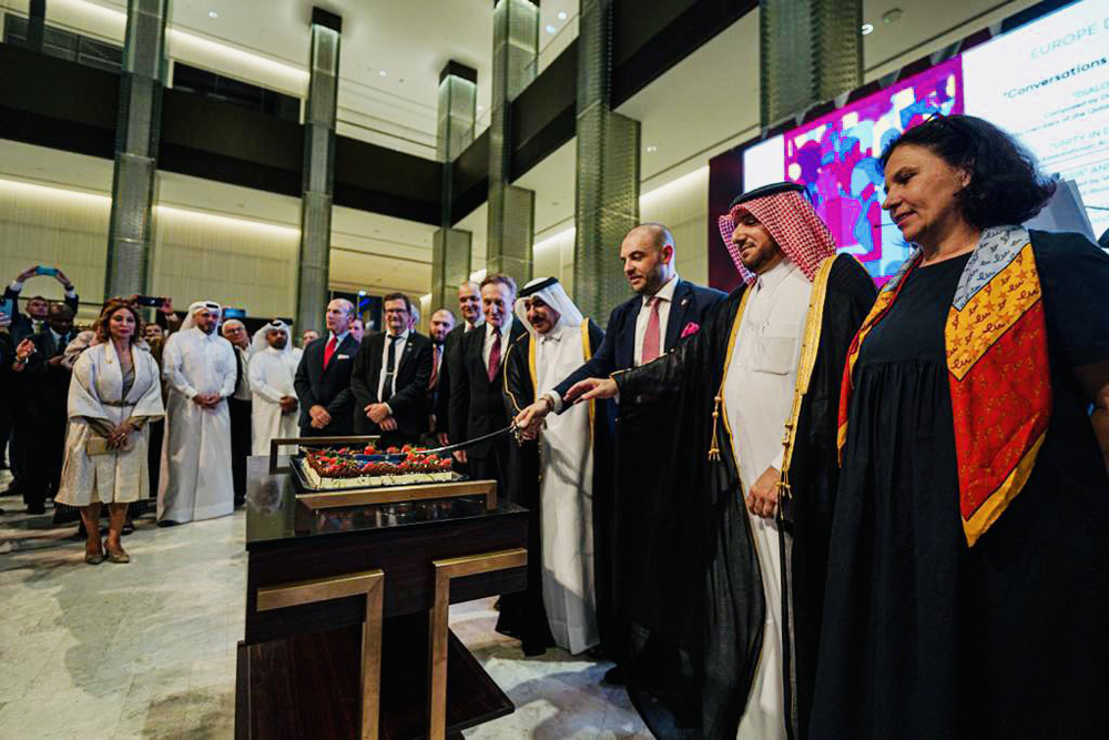 Minister of Transport H E Jassim Saif Ahmed Al Sulaiti, Ambassador of the European Union Delegation to the State of Qatar H E Dr. Cristian Tudor and Director of the Protocol Department at the Ministry of Foreign Affairs Ibrahim Yousif Abdullah Fakhro with EU ambassadors and diplomats during the Europe Day celebration in Doha. 