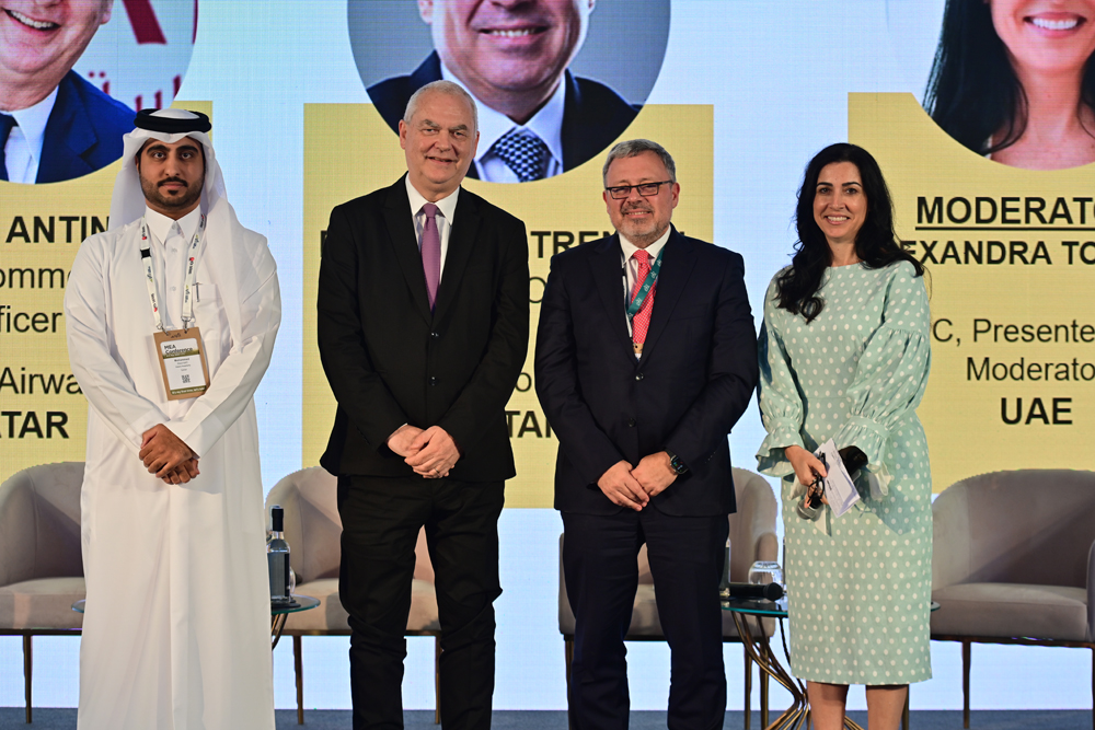 FROM LEFT: Katara Hospitality Director of Operations, Mohammed Alasmakh; Qatar Airways Chief Commercial Officer, Thierry Antinori; Qatar Tourism COO, Berthold Trenkel; and MC Presenter and Moderator, Alexandra Topalian