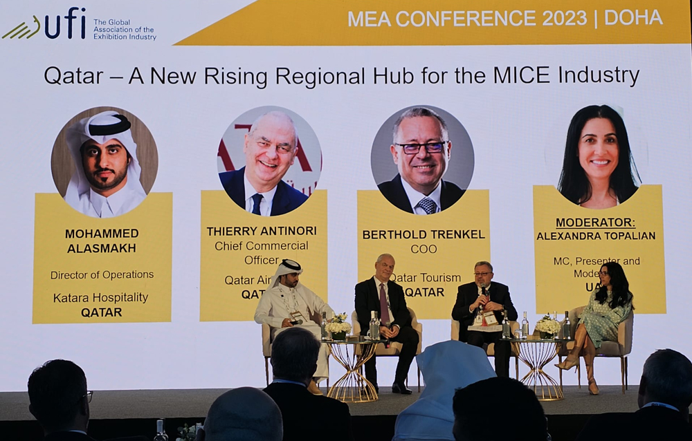 (L-R) Katara Hospitality Director of Operations, Mohammed Alasmakh; Qatar Airways Chief Commercial Officer, Thierry Antinori; Qatar Tourism COO, Berthold Trenkel; and MC Presenter and Moderator, Alexandra Topalian.  PIC by Marivie Alabanza/The Peninsula