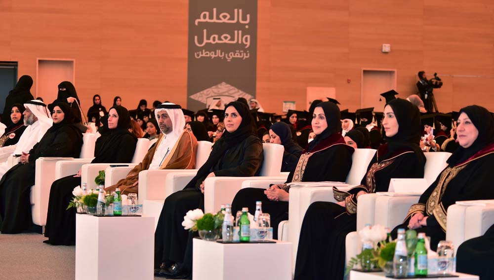 Minister of Education and Higher Education, H E Buthaina bint Ali Al Jabr Al Nuaimi (6th right); QU President Dr. Hassan Al Derham (5th right); Dean of the College of Education H E Dr. Hessa bint Hamad bin Khalifa Al Thani (3rd right); and others during the graduation ceremony of the College.