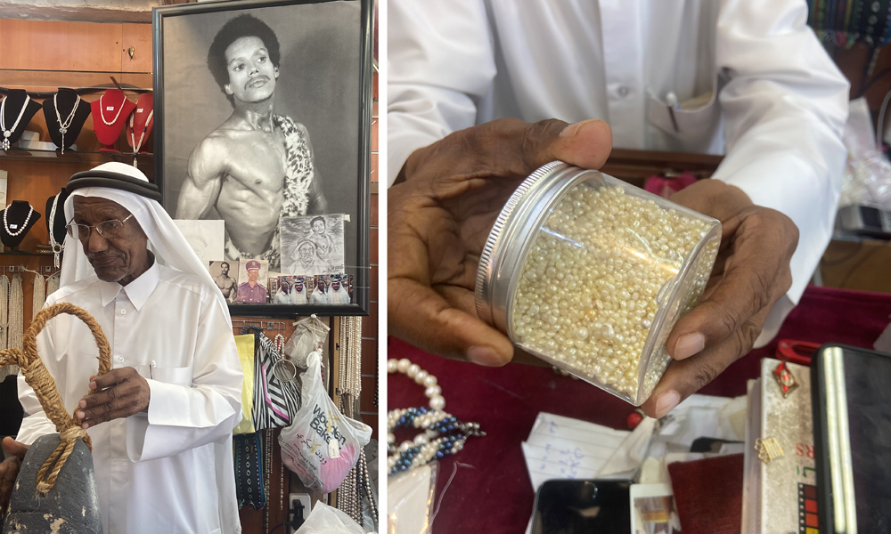 From left: Qatari diver Saad Ismail Al Jassem shows customers the weight he used to use for diving inside his shop at Souq Waqif; A jar full of natural pearls. Each bead retails for around QR2000.