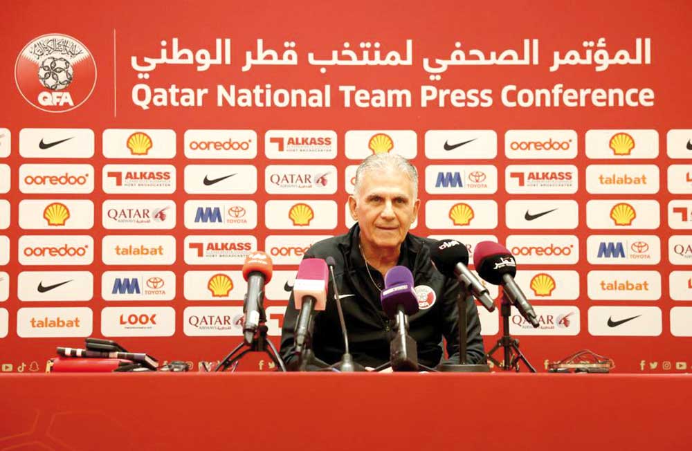 Qatar coach Carlos Queiroz speaks during a press conference, yesterday.