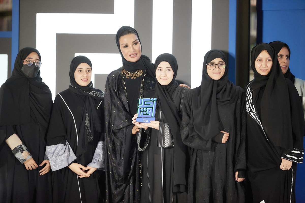 Chairperson of Qatar Foundation H H Sheikha Moza bint Nasser honouring winners of Akhlaquna Award and the Akhlaquna Junior Award 2023, at Qatar National Library, yesterday. 