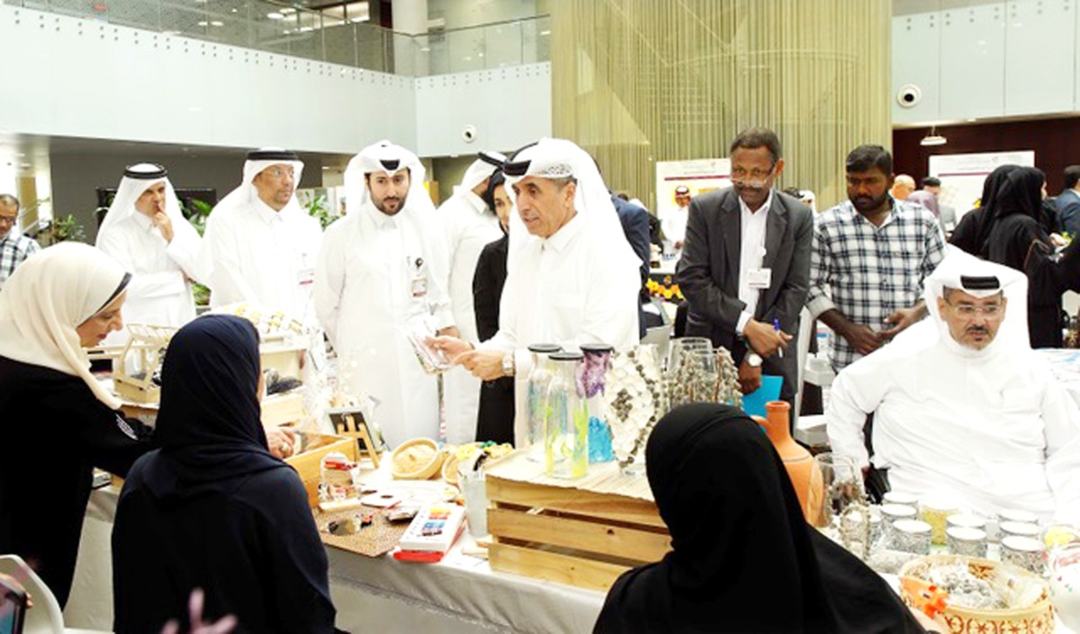 Undersecretary of the Ministry of Education and Higher Education Dr. Ibrahim bin Saleh Al Nuaimi interacting with exhibitors at the exhibition, yesterday.