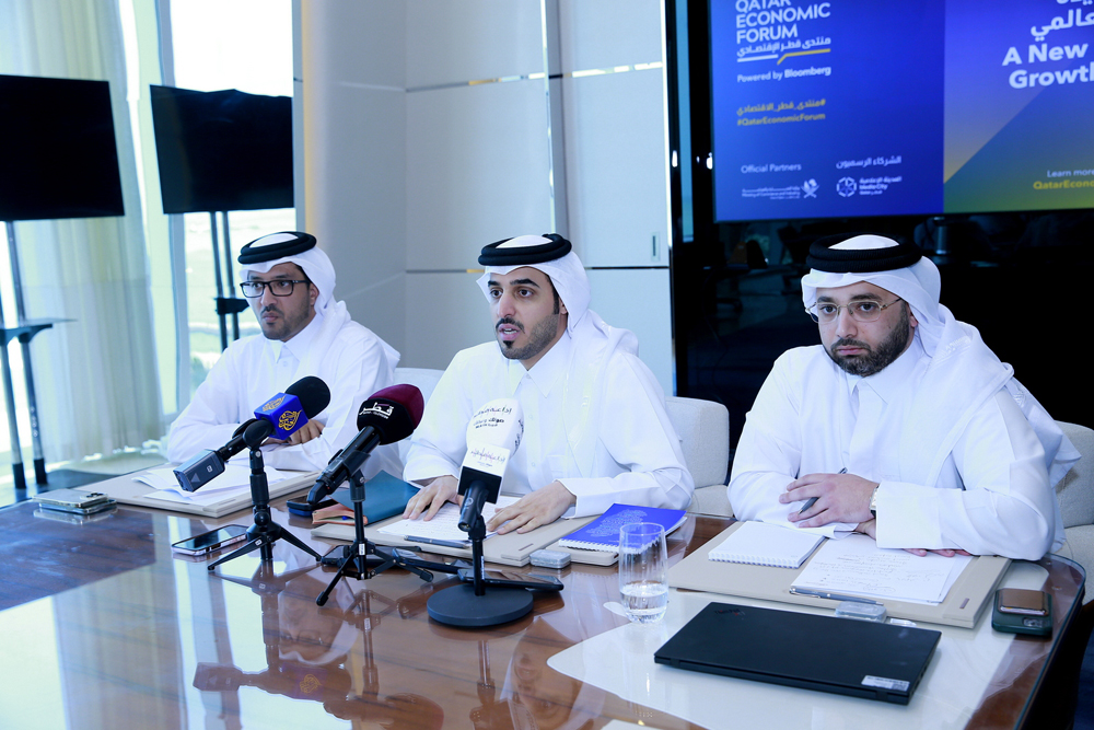 Chairman of the Supreme Committee Organising the Qatar Economic Forum (QEF) and CEO of Media City Sheikh Ali bin Abdullah bin Khalifa Al Thani (centre); Executive Director of the Permanent Committee for Organising Conferences at the Ministry of Foreign Affairs, Mubarak Ajlan Al Kuwari (left); and Vice-Chairperson of the Supreme Committee Organising QEF, Nasser Al Taweel at the press conference yesterday. PIC: Rajan Vadakkemuriyil
