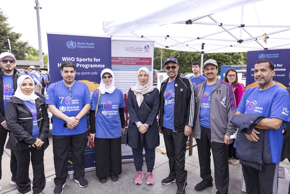 Minister of Public Health H E Dr. Hanan Mohamed Al Kuwari and other officials participating in WHO's Walk the Talk: Health For All Challenge in Geneva, ahead of the 76th World Health Assembly.
