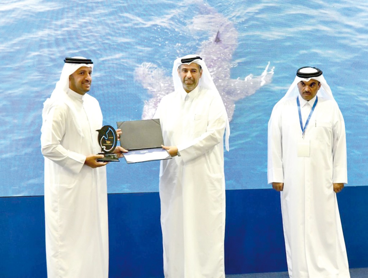 Minister of Environment and Climate Change H E Sheikh Dr. Faleh bin Nasser bin Ahmed bin Ali Al Thani (centre) during opening ceremony of Qatar Forum on Whale Shark Conservation 2023 at Aquatic Research Centre at Ras Matbakh, yesterday. 