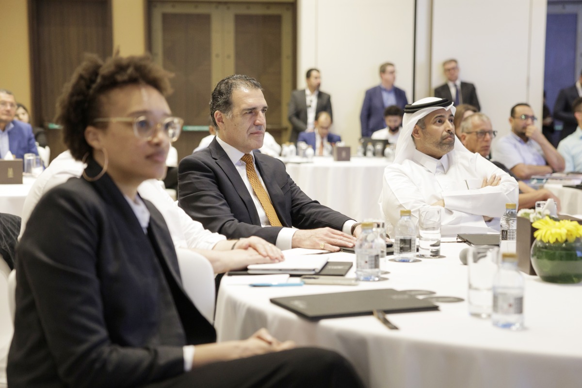 Minister of Environment and Climate Change H E Sheikh Dr. Faleh bin Nasser bin Ahmed bin Ali Al Thani (right) and Earthna Executive Director, Dr. Gonzalo Castro de la Mata (2nd right) during the launch of the ‘Circular Economy and Energy Transition in Qatar’ report yesterday.