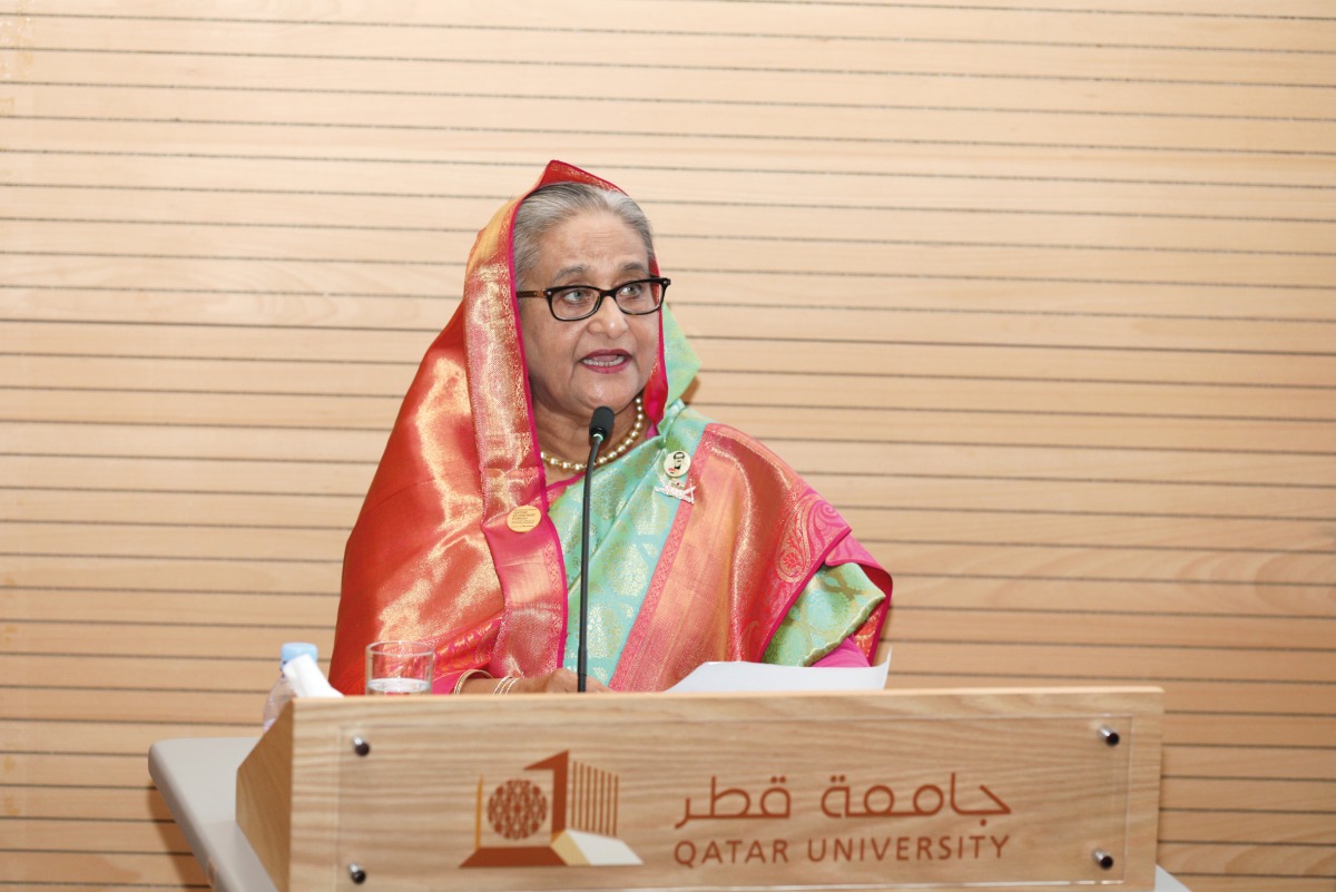 Prime Minister of Bangladesh H E Sheikh Hasina delivering a special lecture at Qatar University yesterday. Pic: Salim Matramkot/The Peninsula