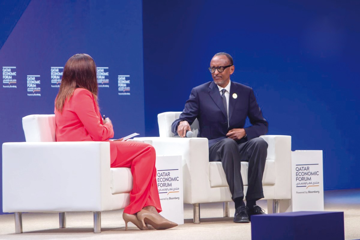 Rwanda President Paul Kagame during an interview with Jennifer Zabasajja at the Qatar Economic Forum yesterday.