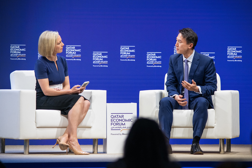 Shou Chew, CEO of TikTok with Caroline Hyde during a session at the Qatar Economic Forum in Doha, yesterday.