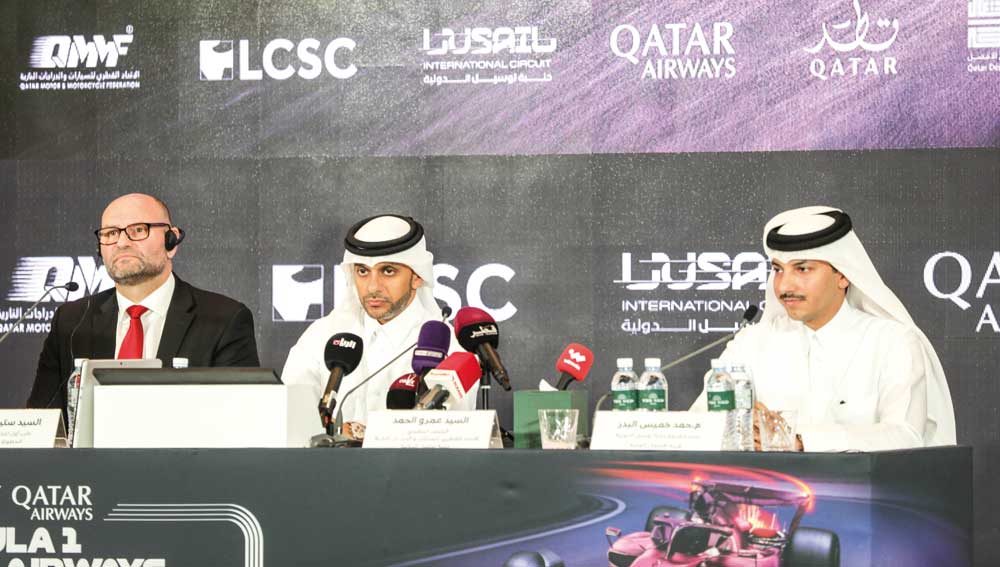 FROM LEFT: Discover Qatar Senior Vice President Steven Reynolds, Qatar Motor and Motorcycle Federation Executive Director and Lusail International Circuit CEO Amro Al Hamad, and Head of the Northern Areas Projects Section at the Roads Projects Department at Ashghal Eng. Hamad Al Bader during a press conference, yesterday.
