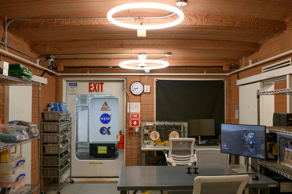 The workroom inside of CHAPEA's Mars Dune Alpha at the Johnson Space center in Houston, Texas on April 11, 2023. (Photo by Mark Felix / AFP)