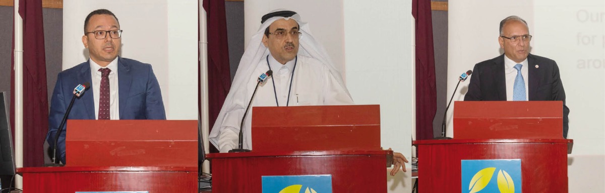 From left: Dr. Ahmed Abdulaziz Abdelbari, Clinical Pharmacist at Hamad General Hospital; Dr. Usama Al Homsi, Senior Consultant in Medical Oncology and Deputy Medical Director for Clinical Research, Education and Quality at HMC’s National Center for Cancer Care and Research; and Cesar Garrido, President of the World Federation of Hemophilia addressing the event. 