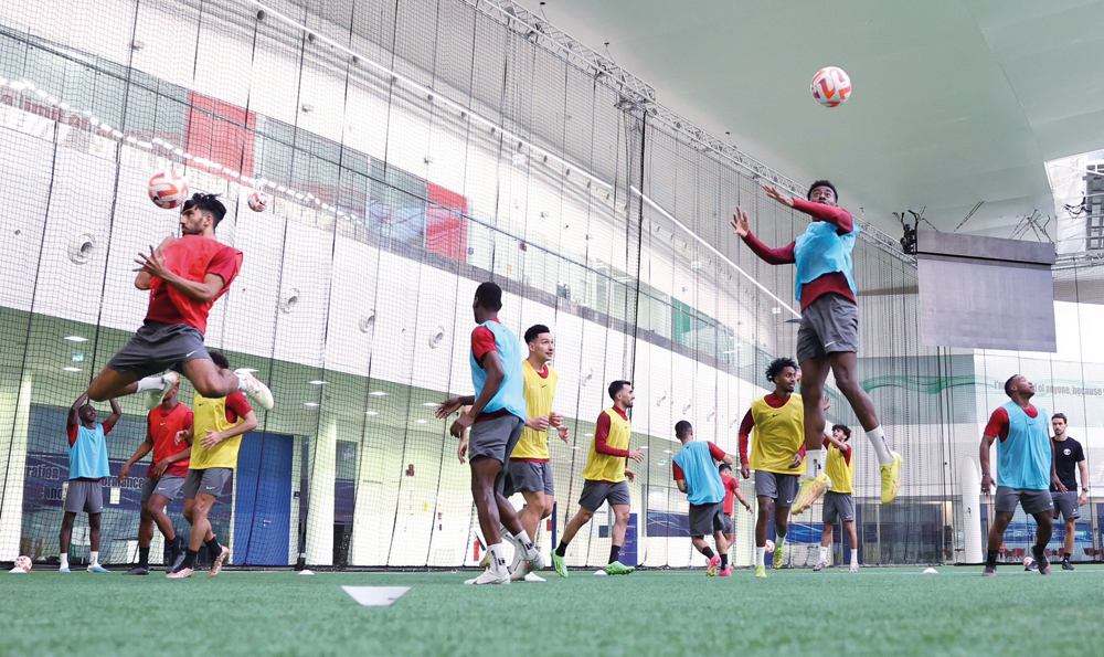 Qatar players in action during their final training session prior to their departure for Austria, at the Aspire Academy yesterday.