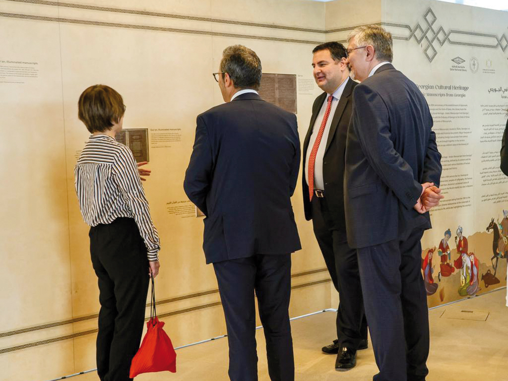 Ambassador of Georgia to Qatar H E Nikoloz Revazishvili and Executive Director of Qatar National Library Tan Huism with other official during the opening of the exhibition. 