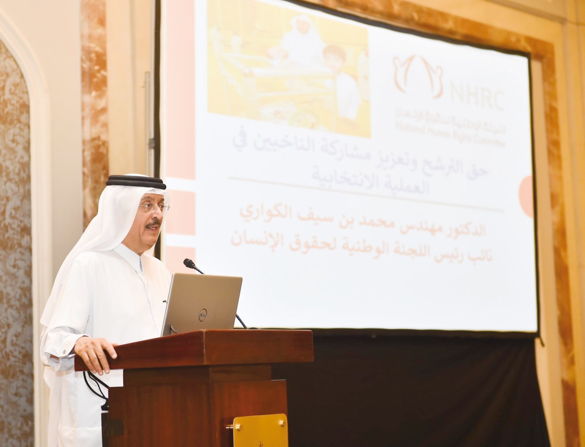 Deputy Chairman of the NHRC Dr. Mohammed bin Saif Al Kuwari addresses the audience during an awareness event for the CMC elections. PIC: Abdul Basit