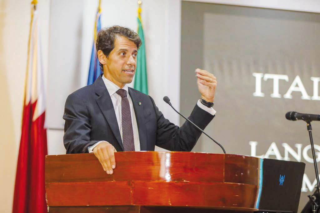 Italian Ambassador to Qatar, H E Paolo Toschi delivering a speech during the event.