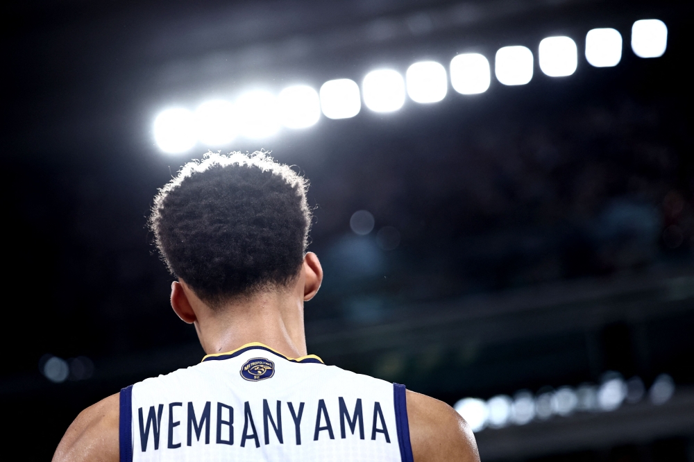 Metropolitan 92's French center Victor Wembanyama reacts during the game three of French Elite basketball finals between Monaco and Boulogne-Levallois Metropolitans 92 in Paris, on June 15, 2023. (Photo by Anne-Christine POUJOULAT / AFP)