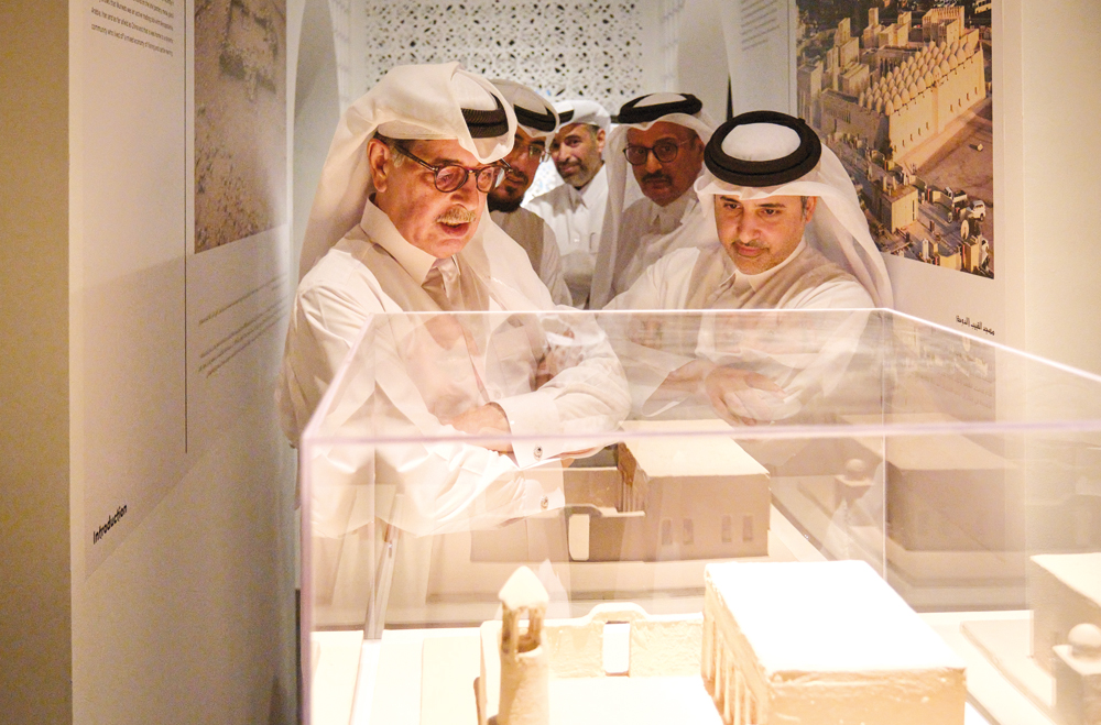 Minister of Municipality, H E Dr. Abdullah bin Abdulaziz bin Turki Al Subaie (front right); Minister of Justice, H E Masoud bin Mohammed Al Amri (middle right); Minister of Environment and Climate Change, H E Sheikh Dr. Faleh bin Nasser bin Ahmed bin Ali Al Thani (back), Minister of State and President of Qatar National Library, H E Hamad bin Abdulaziz Al Kuwari (front left) along with other officials during a tour of the exhibition.