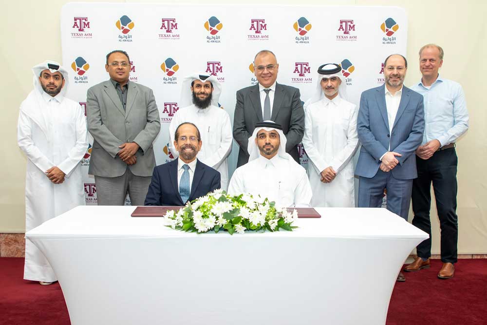 CEO of Al Awalia, Abdulaziz Ibrahim Al Tamimi; and Texas A&M at Qatar Dean Dr. César Octavio Malavé with other officials during the MoU signing ceremony.