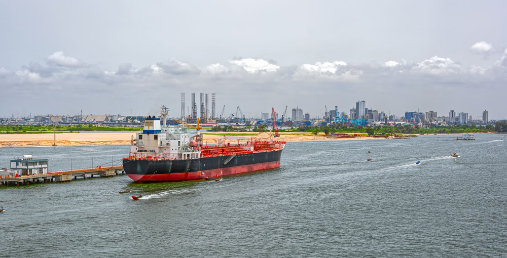 Chemical oil products tanker moored in Lagos, Nigeria, Africa.