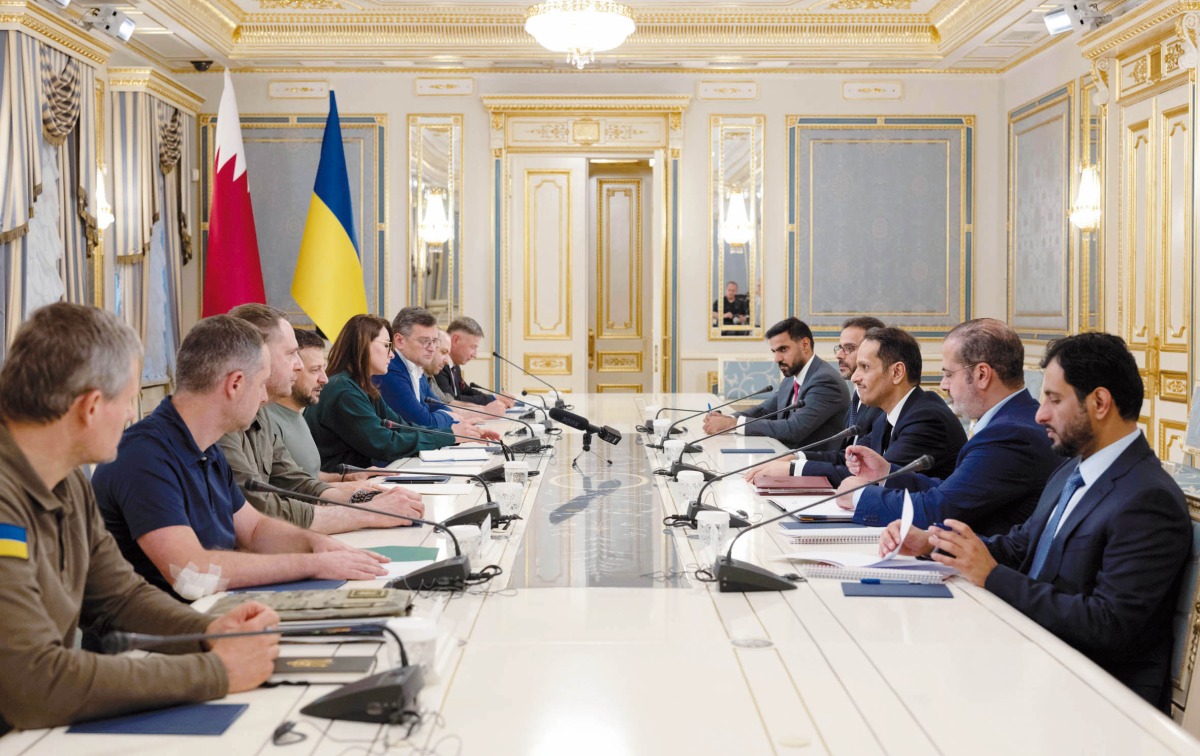 President of Ukraine H E Volodymyr Zelenskyy during a meeting with Prime Minister and Minister of Foreign Affairs H E Sheikh Mohammed bin Abdulrahman bin Jassim Al Thani at the presidential palace in Kyiv yesterday