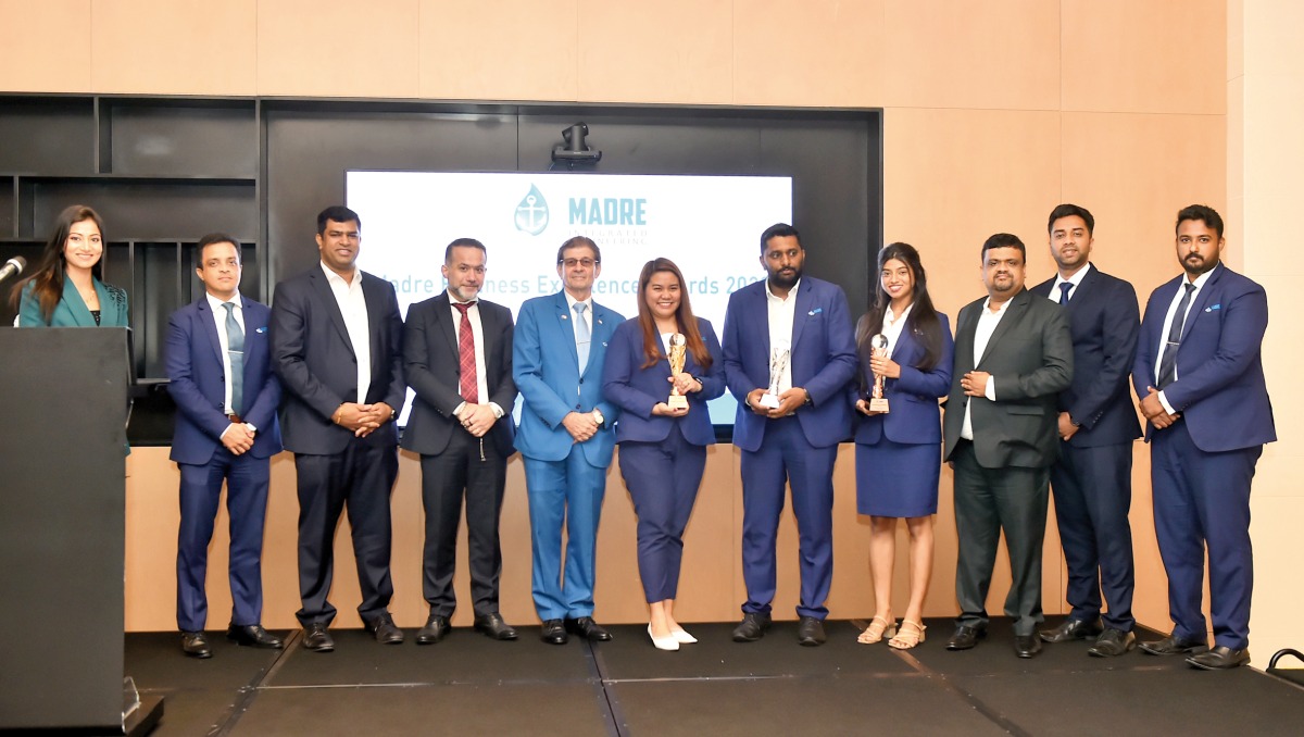 Officials honouring the employees during the Madre Business Excellence Awards 2022 at Le Royal Meridien Doha, Lusail yesterday. Pic: Abdul Basit