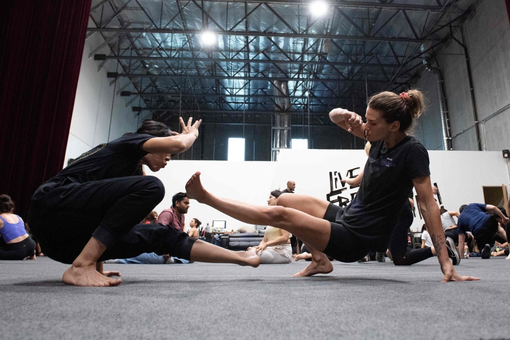 Stunts Master Class students attend a training session at the Tempest Academy, in Chatsworth, California, on August 10, 2023. Photo by VALERIE MACON / AFP