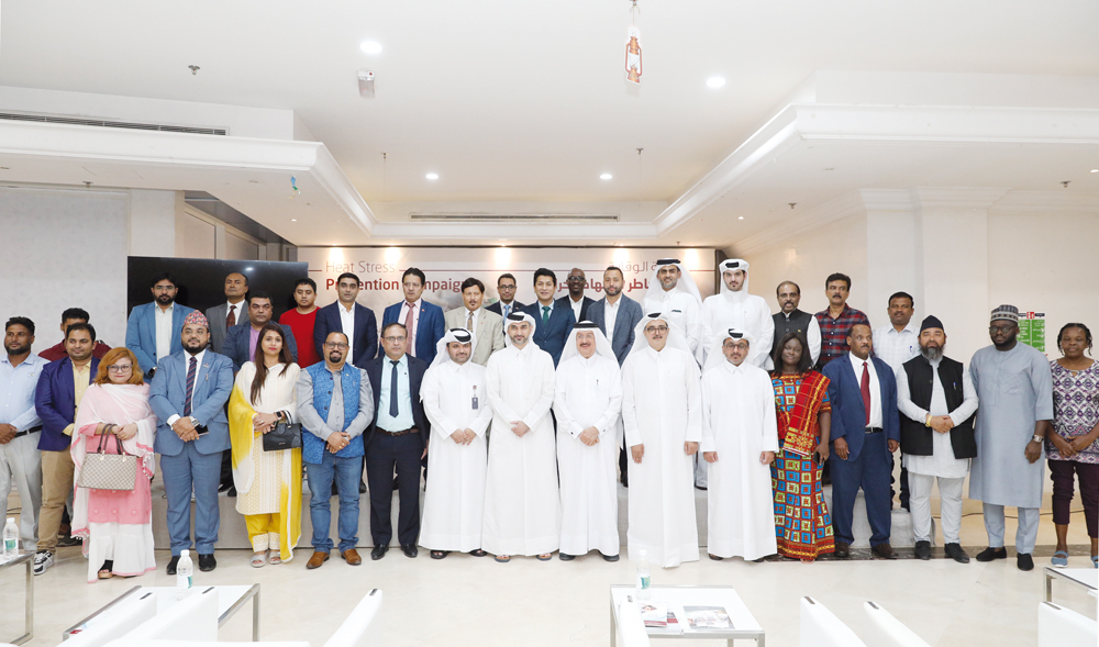 Officials and community leaders during the Heat Stress prevention campaign event hosted by the National Human Rights Committee (NHRC) at the Asian Town. Pic: Salim Matramkot/The Peninsula