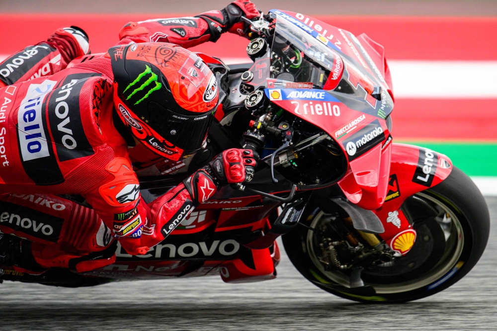 Ducati Lenovo Team Italian rider Francesco Bagnaia drives during the second practice session at the Red Bull Ring race track in Spielberg, Austria on August 18, 2023, ahead of the MotoGP Austrian Grand Prix. Photo by Jure Makovec / AFP