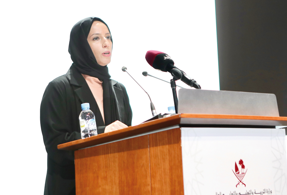 Minister of Education and Higher Education H E Buthaina bint Ali Al Jabr Al Nuaimi addressing the annual educational meeting yesterday. 