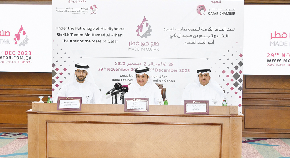 QC Chairman, Sheikh Khalifa bin Jassim Al Thani (centre); Assistant Undersecretary for Commerce Affairs at MoCI, Saleh bin Majed Al Khulaifi (left); and QC board member and Chairperson of the Exhibition’s Technical Committee, Abdulrahman Al Ansari and during the press conference, yesterday.