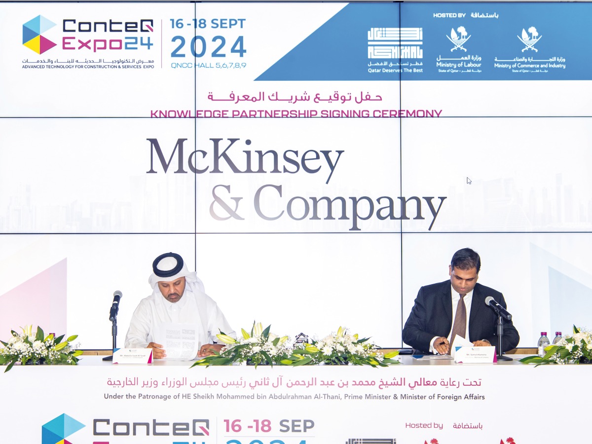 Deputy Chairman of the Organising Committee of ConteQ Expo24 Abdullah Saad Al Saad (left) and Senior Partner at McKinsey & Company Qatar Samvit Kanoria signing a partnership agreement.