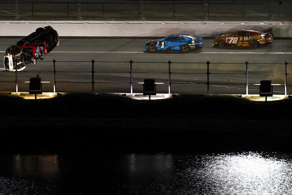  Ryan Preece, driver of the #41 RaceChoice.com Ford, flips after an on-track incident during the NASCAR Cup Series Coke Zero Sugar 400 at Daytona International Speedway on August 26, 2023 in Daytona Beach, Florida. Sean Gardner/Getty Images/AFP (Photo by Sean Gardner / GETTY IMAGES NORTH AMERICA / Getty Images via AFP)
