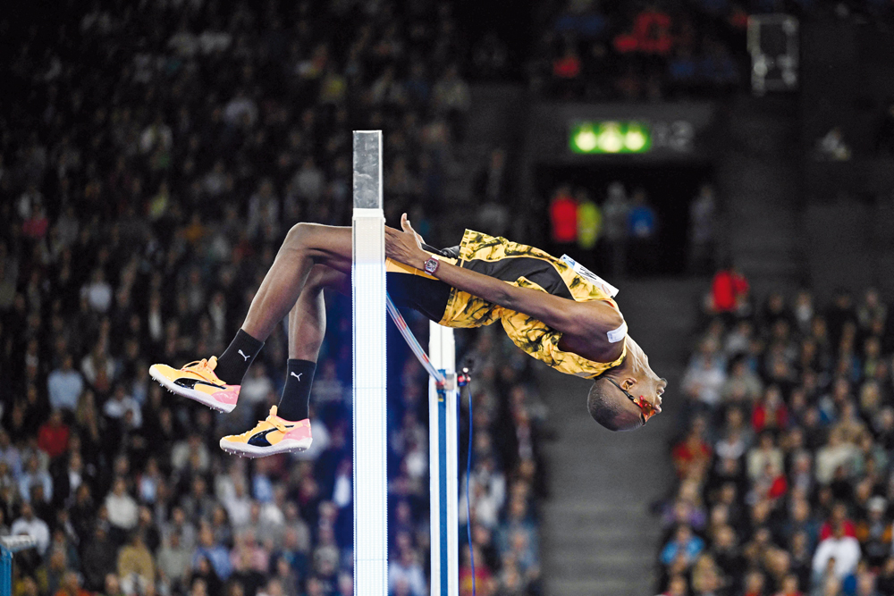 Qatar’s Mutaz Barshim competes in men’s high jump event during the Diamond League meeting in Zurich yesterday. AFP