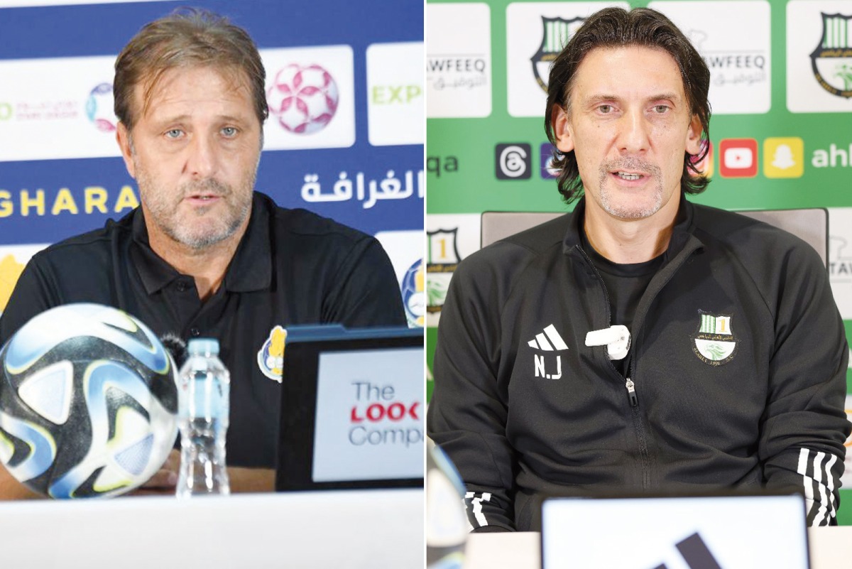 Pedro Martins (left) and Nebojsa Jovovic speak during pre-match press conferences yesterday.