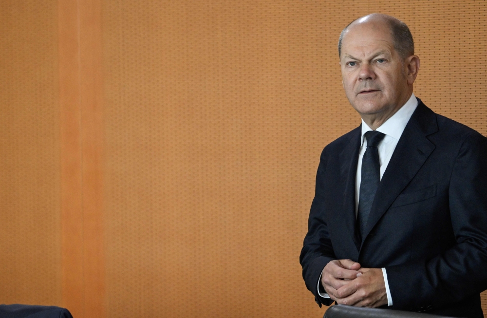 (FILES) German Chancellor Olaf Scholz looks on prior to the start of the weekly cabinet meeting at the Chancellery in Berlin on June 21, 2023. (Photo by Tobias SCHWARZ / AFP)
