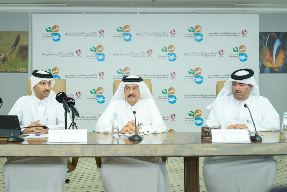 Adviser to the Minister of Environment and Climate Change Dr. Mohammed bin Saif Al Kuwari (centre), Director of Wildlife Development Department Mohammed Al Khanji (right) and Director of Public Relations and Communications Department Mohammed Al Dhahi addressing a press conference yesterday.