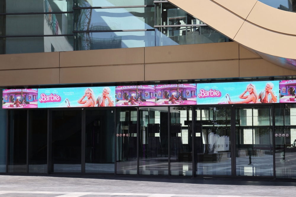 A screen advertises the 'Barbie' film at a cinema in Beirut on September 7, 2023. (Photo by Anwar Amro / AFP)