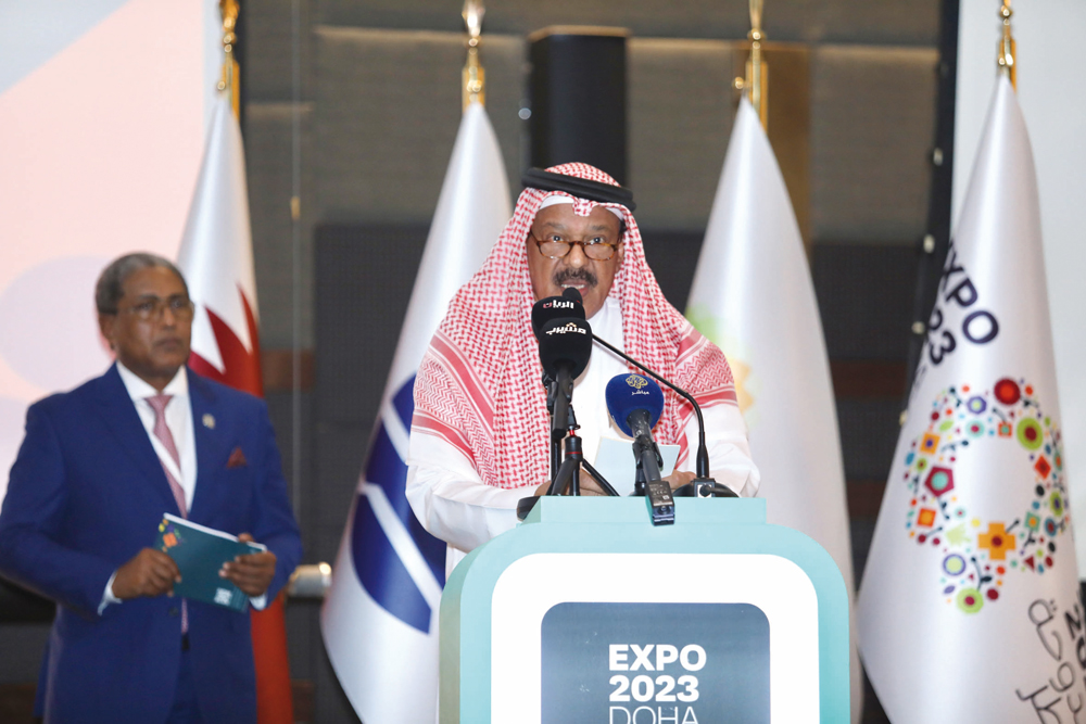 Expo 2023 Doha Commissioner General H E Bader Al Dafa addressing a meeting of Commissioners-General of Expo 2023 Doha yesterday.