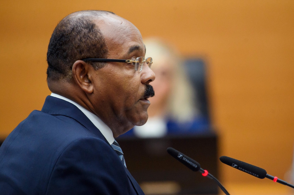 Gaston Browne, Prime Minister of Antigua and Barbuda speaks during a hearing at the International Tribunal for the Law of the Seas (ITLOS) on September 11, 2023 in Hamburg, northern Germany. Photo by Gregor Fischer / AFP