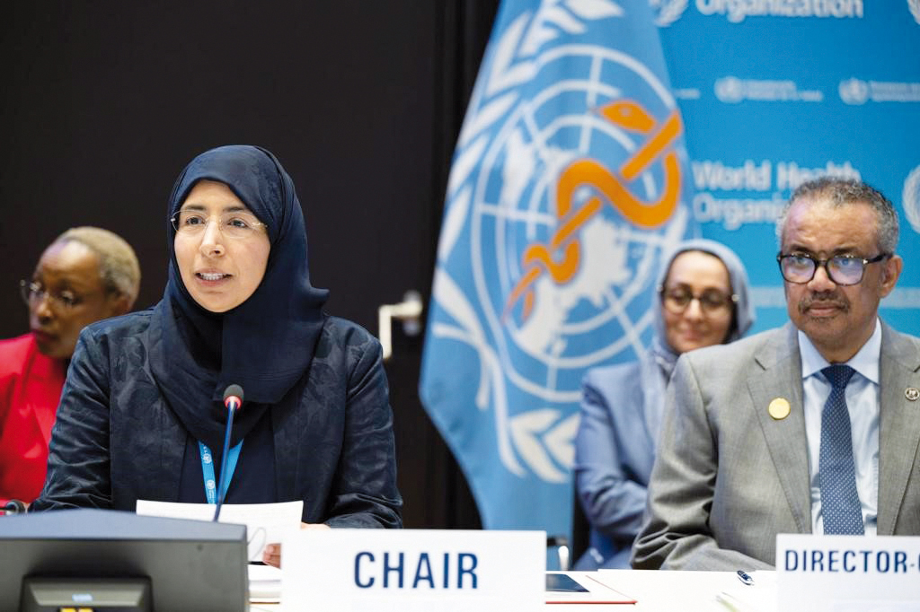 Minister of Public Health and Chair of the WHO Executive Board, H E Dr. Hanan Mohammed Al Kuwari (left), and Director-General of the WHO H E Dr. Tedros Adhanom Ghebreyesus during the meeting.